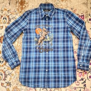 Ralph Lauren, Women's Blue Long Sleeve Button Front Shirt Upcycle Rodea, sz SM